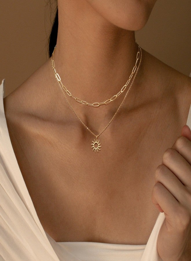 MFRYK Gold Necklaces Stack, 14K Gold Plated Simple Layered Choker Necklaces, Gold Stackable Multilayer Sun Pendant Cable Chain Paperclip Chain Layering Necklaces Set - Image 4